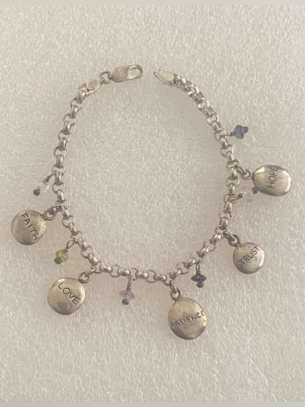 Vintage Sterling Silver 'Faith Love Patience Trust Hope' Charm Bracelet - Silver